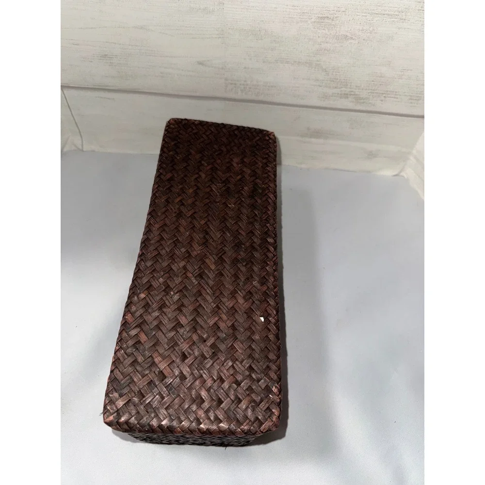 Set of 3 Nesting Woven Seagrass Storage Baskets Dark Brown Rectangle Lidded Box